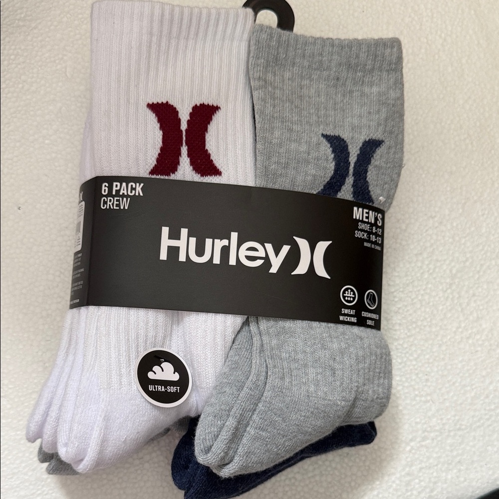 Hurley Men's Crew Socks 6-Pack - White, Gray, and Navy